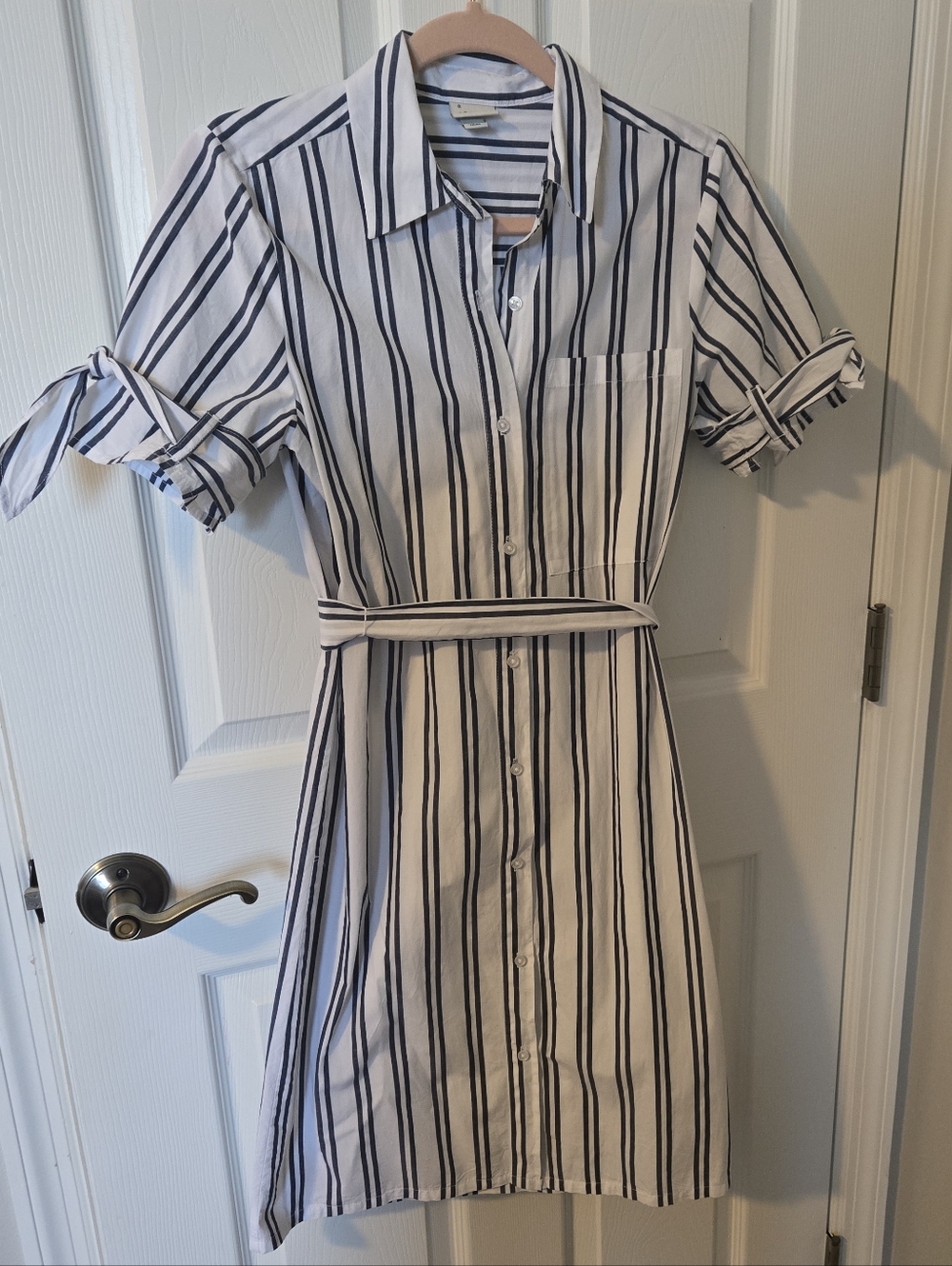 Striped Shirt Dress with Tie Belt - White & Navy Summer Dress XS